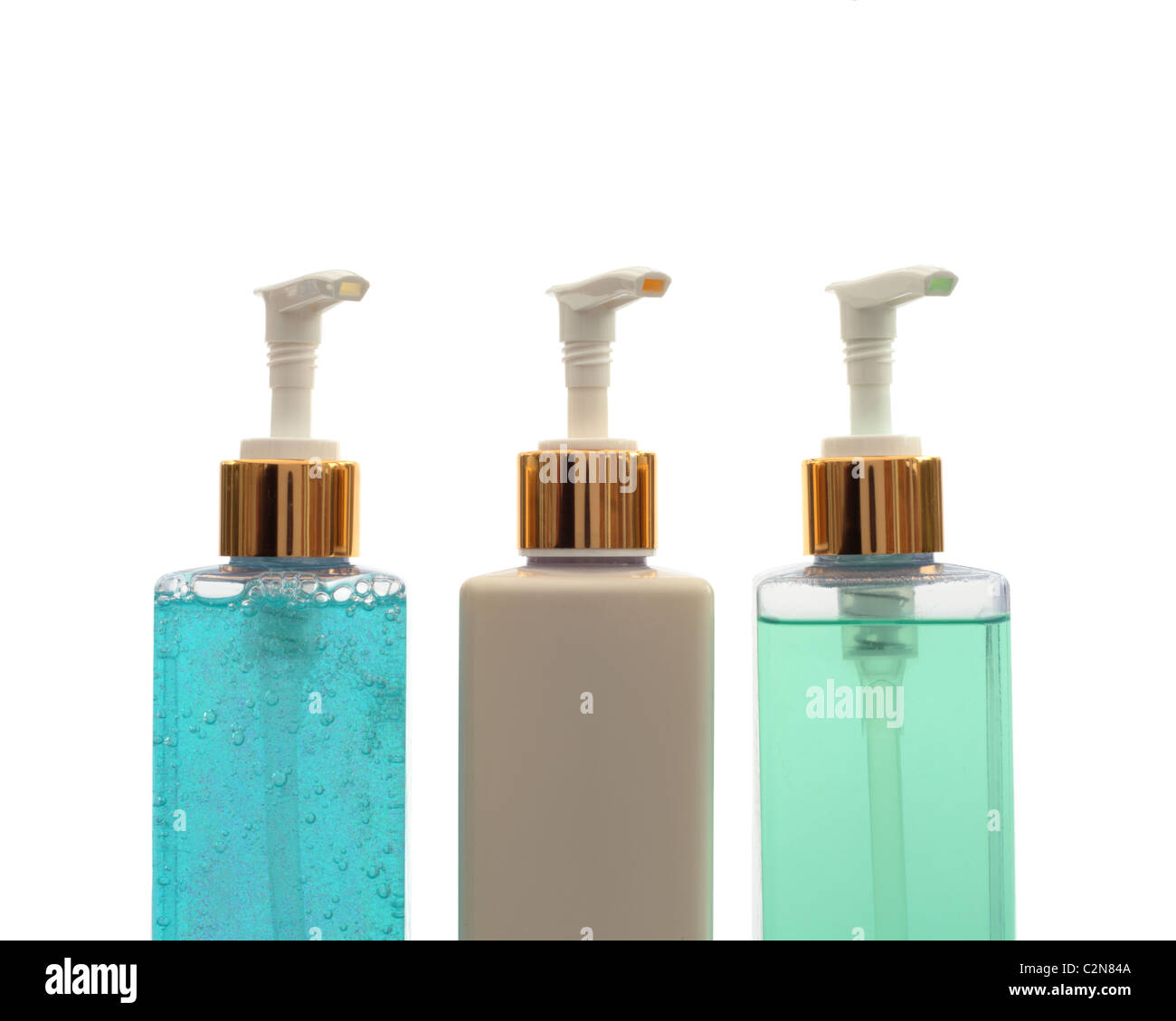 Gel and soap push-dispensers on a white background with copy space Stock Photo
