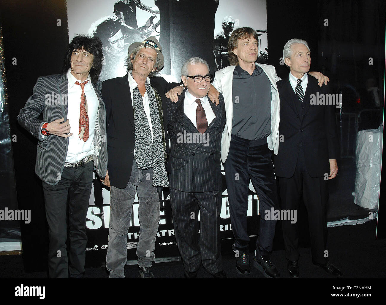The Rolling Stones: Ron Wood, Keith Richards, Director Martin Scorsese,Mick Jagger and Charlie Watts at the New York Premiere Stock Photo