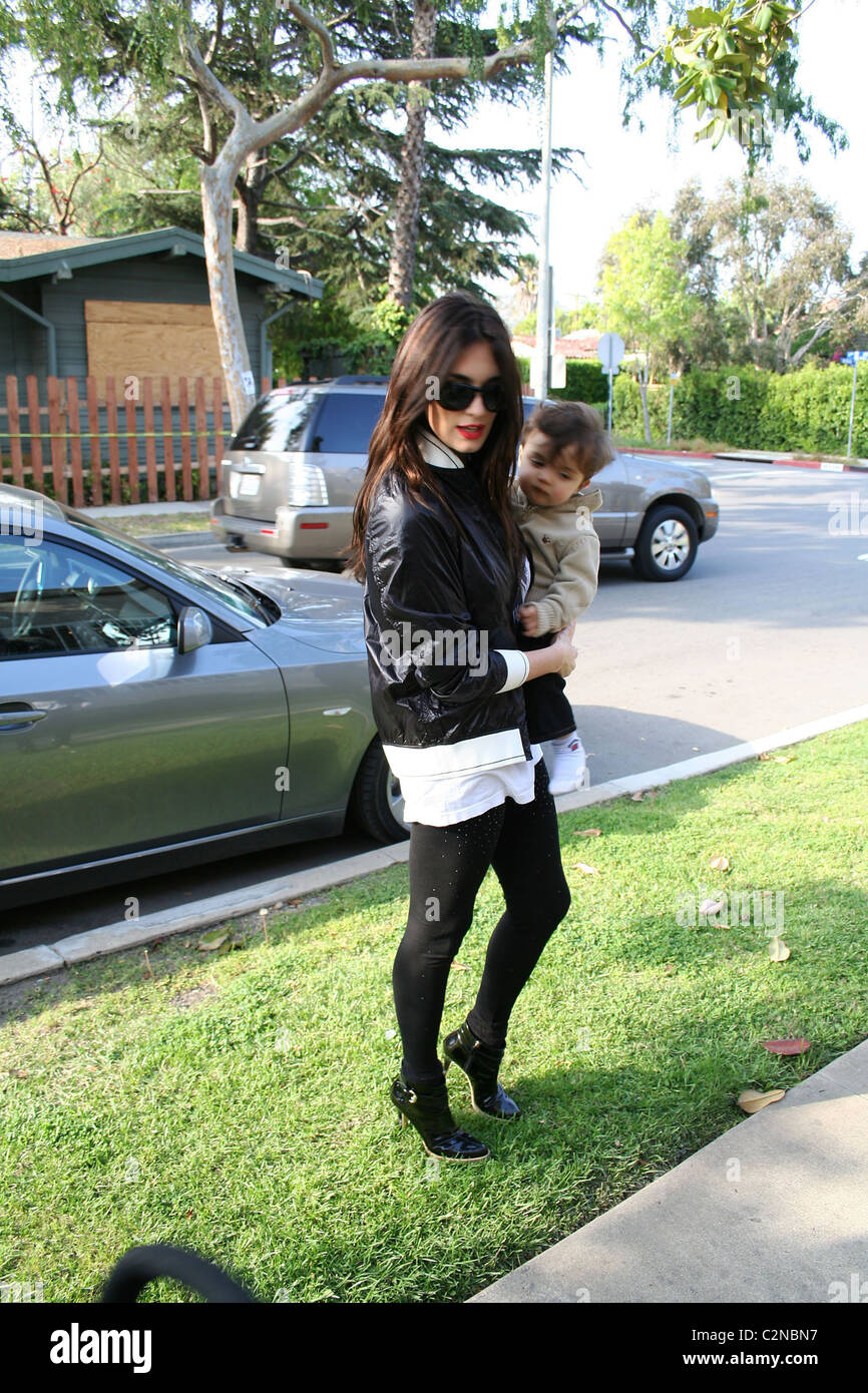 Paz Vega with her husband and son walking to and from Intermix on Robertson Boulevard Los Angeles, California - 19.04.08 Stock Photo