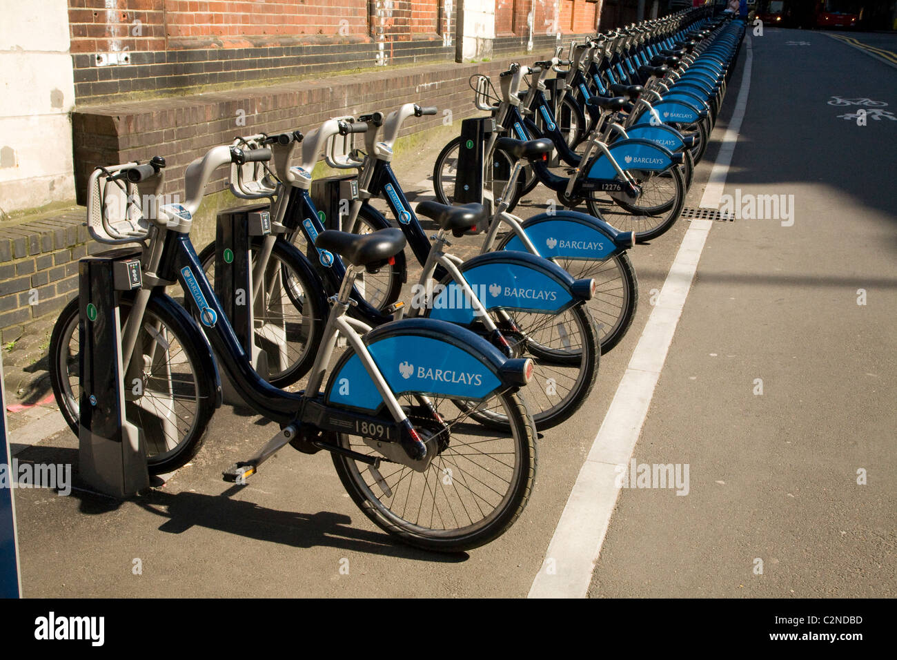 Barclays sponsored bicycle hire scheme London England waterloo Stock Photo