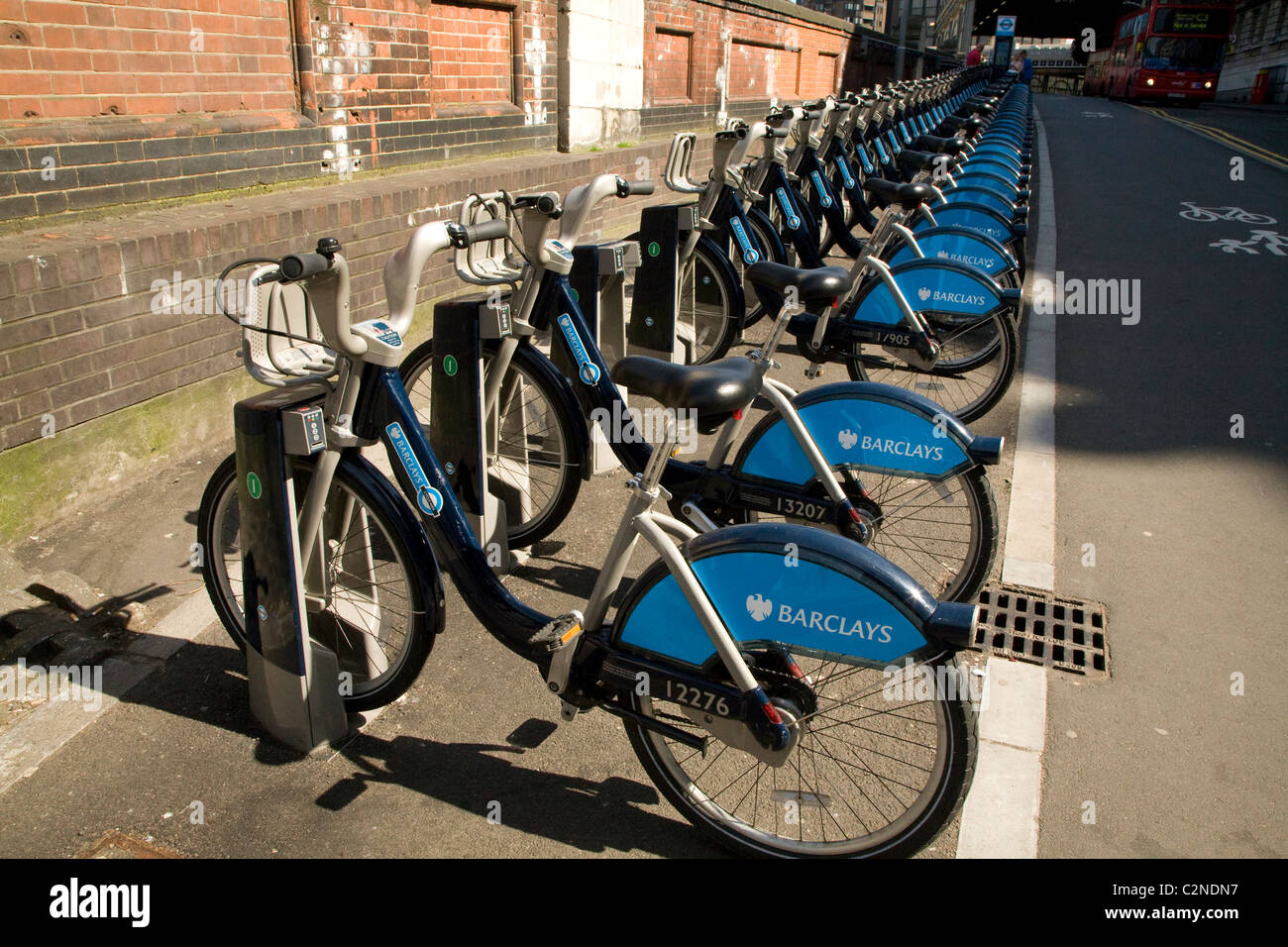 Barclays sponsored bicycle hire scheme London England Waterloo station