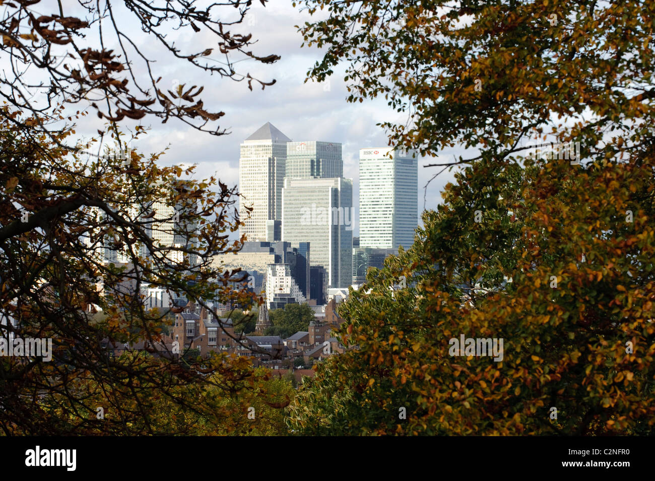 Greenwich in Autumn, view from Greenwich Observatory overlooking London, 26th October 2009. Stock Photo