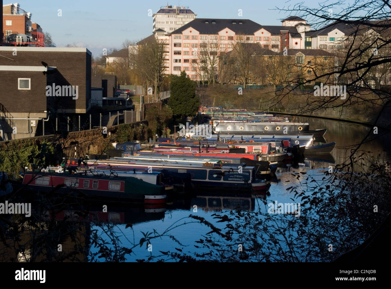 View of narrowboats on Lisson Wide, Regent's Canal, Lisson Grove, London, NW8, England Stock Photo