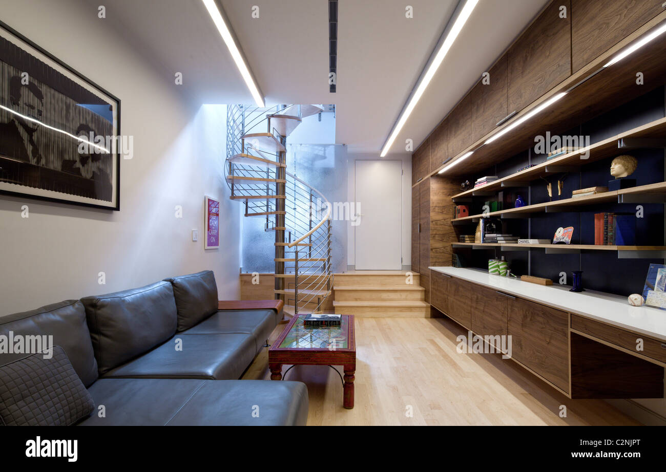 Open plan living room spiral staircase hires stock photography and