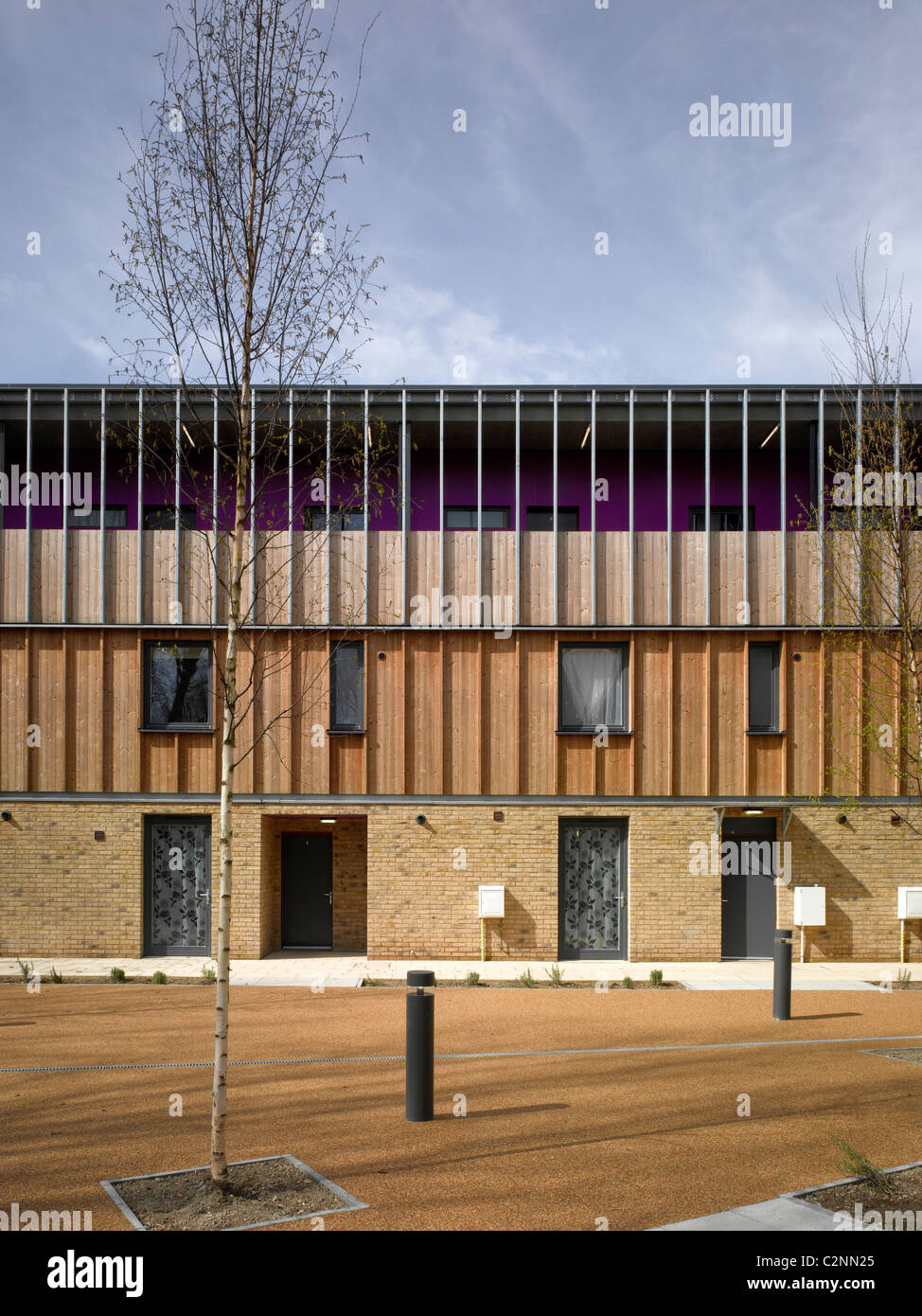 Heron Court, Thamesmead. Light steel frame with vertical thermowood cladding Stock Photo