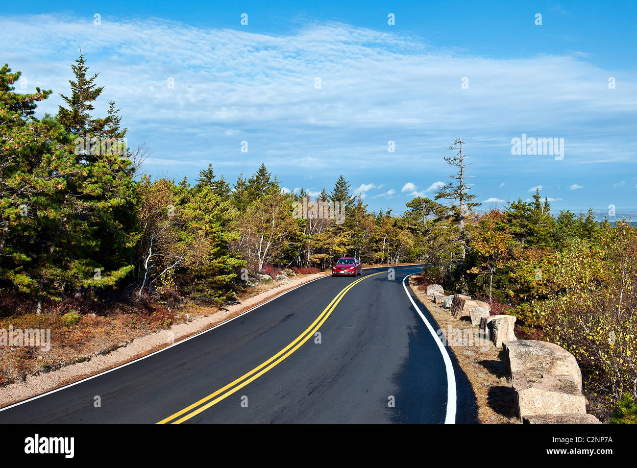Road leading to the peak of Cadillac Mountain, Acadia National Park, Maine, ME, USA Stock Photo