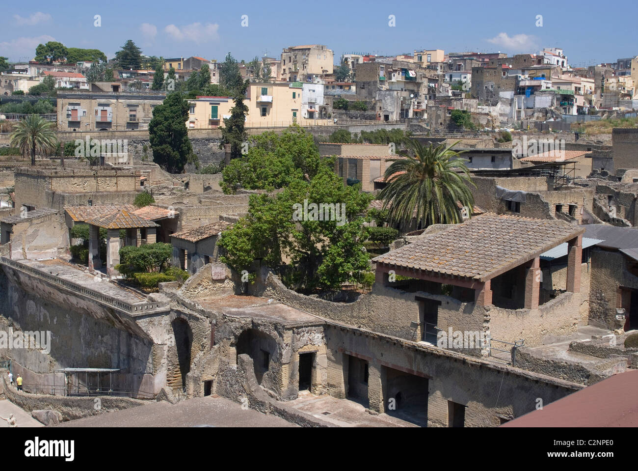 View towards the modern town over the ruins of the ancient Roman town of Herculaneum, Campania, Italy Stock Photo