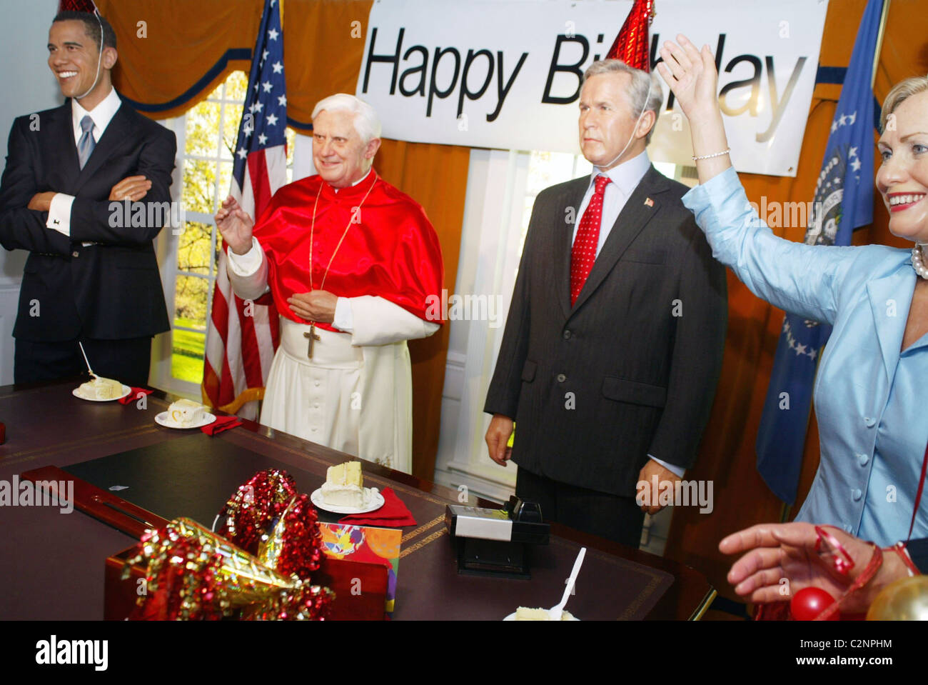 Senator Barak Obama wax figure,  Pope Benedict XVI wax figure, U.S. President George W. Bush wax figure and Senator Hillary Stock Photo