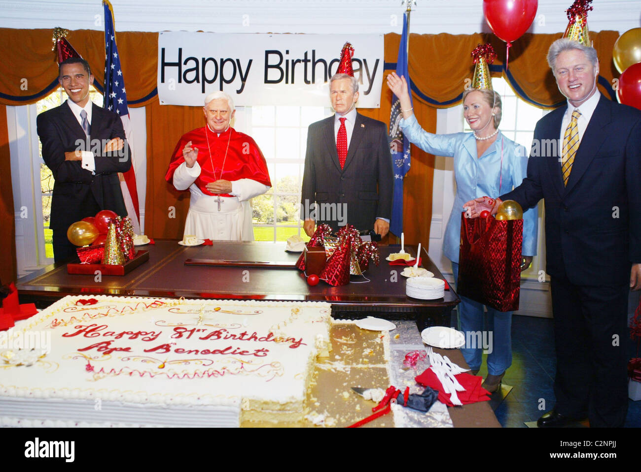Senator Barak Obama wax figure,  Pope Benedict XVI wax figure, U.S. President George W. Bush wax figure, Senator Hillary Stock Photo