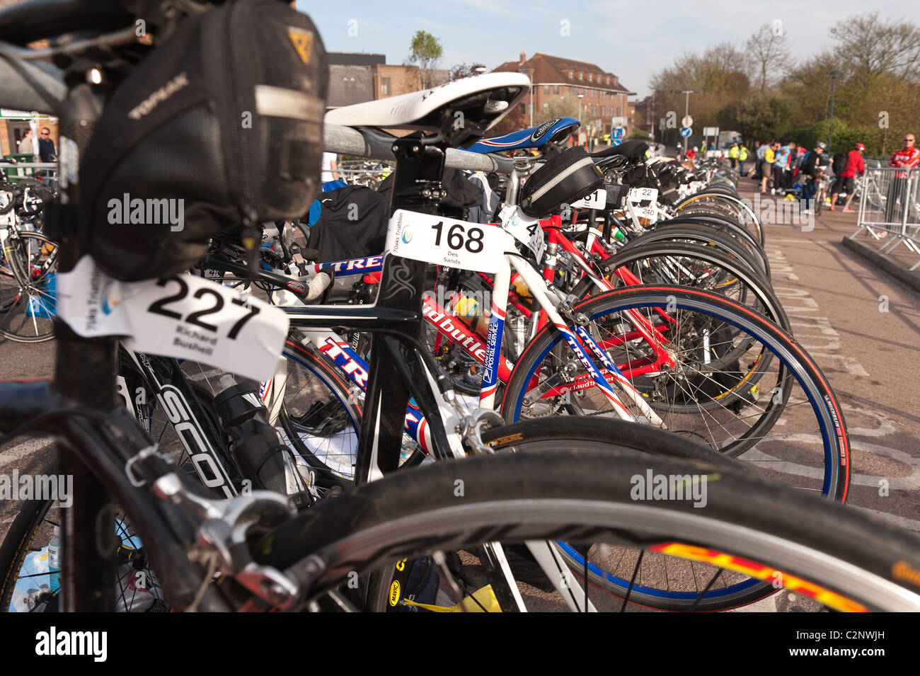 Transition zone for competing tri athletes in triathlon with kit laid