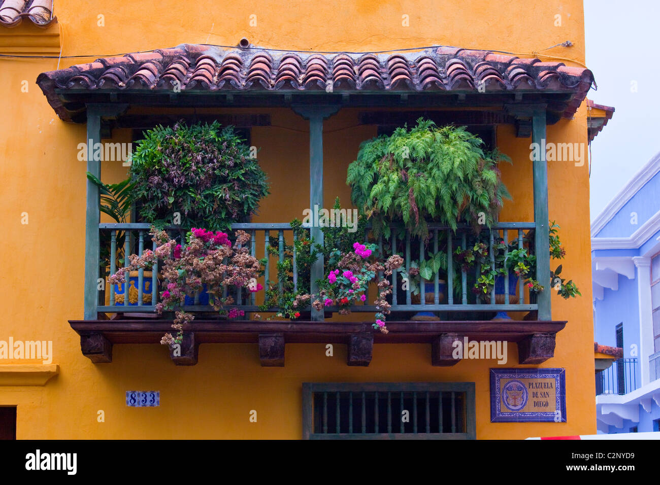 Balcony in the old town, Cartagena, Colombia Stock Photo