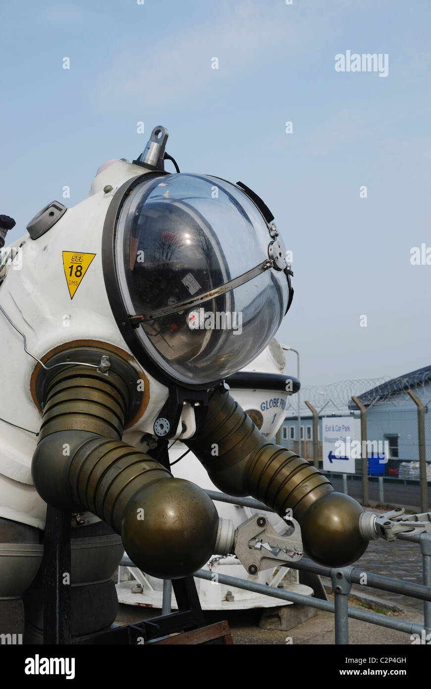 An atmospheric diving suit, known as the 'Jim Suit', at the Royal Navy Submarine Museum, Gosport, Hants, England. Stock Photo