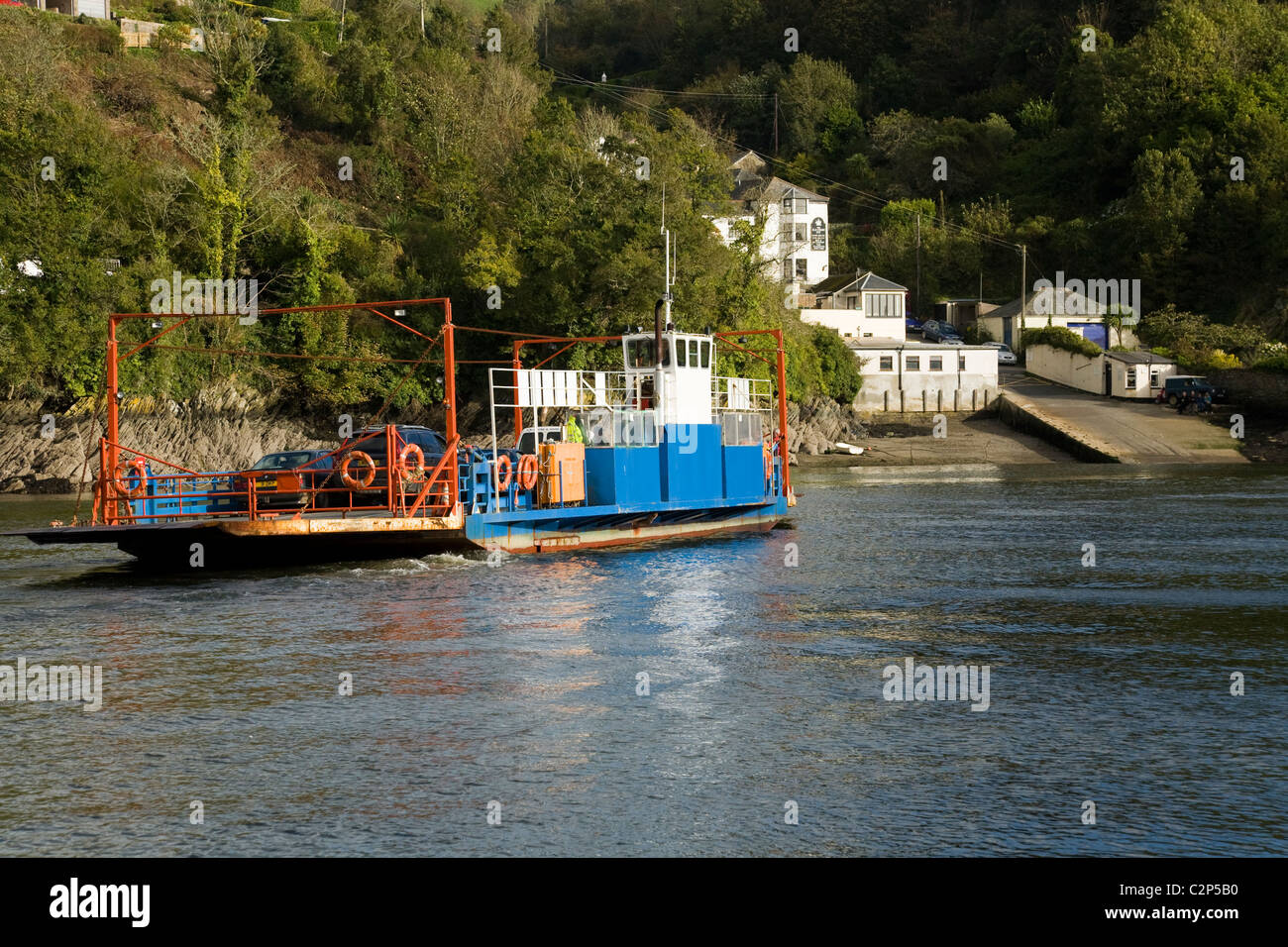 Cornish Bodinnick Vehicle Ferry between Bodinnick and Fowey in Cornwall. UK. Stock Photo