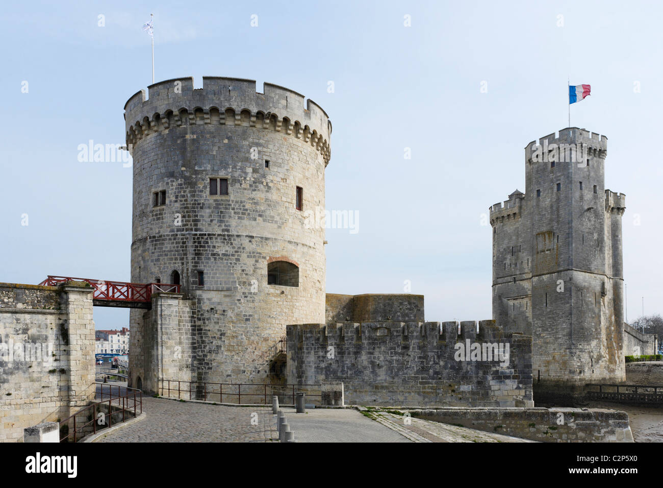 Tour de la Chaine and Tour St Nicolas at the entrance to the harbour, La Rochelle, Poitou Charentes, France Stock Photo