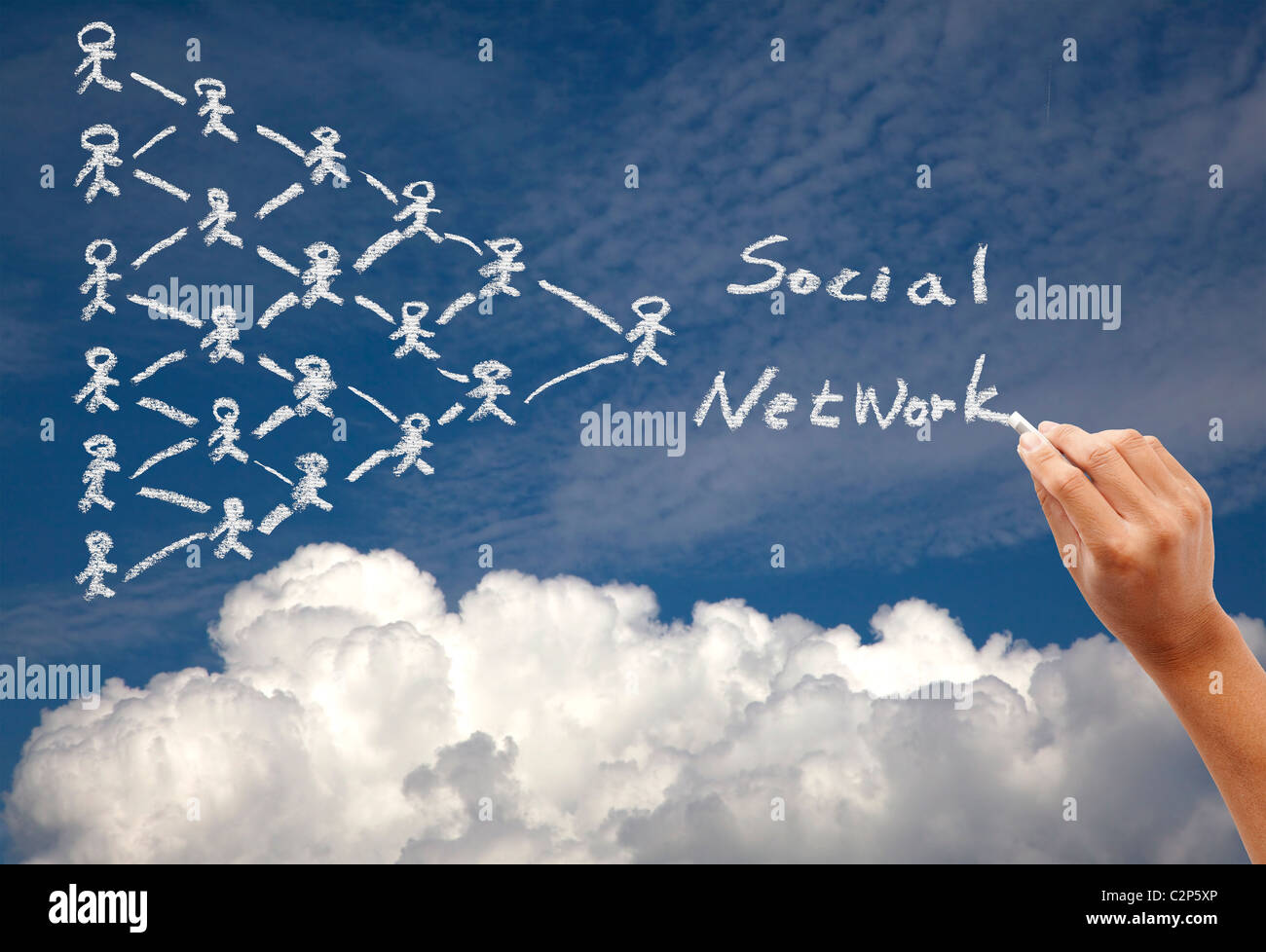 Hand drawing social network concept on the sky background by chalk Stock Photo