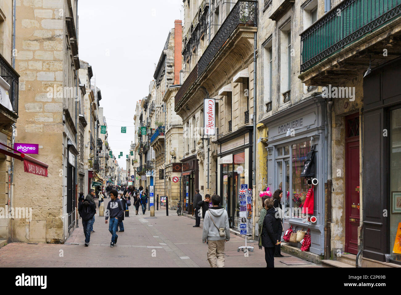 Shops on Rue des Trois Conils in the city centre, Quartier St Pierre, Bordeaux, Aquitaine, France Stock Photo