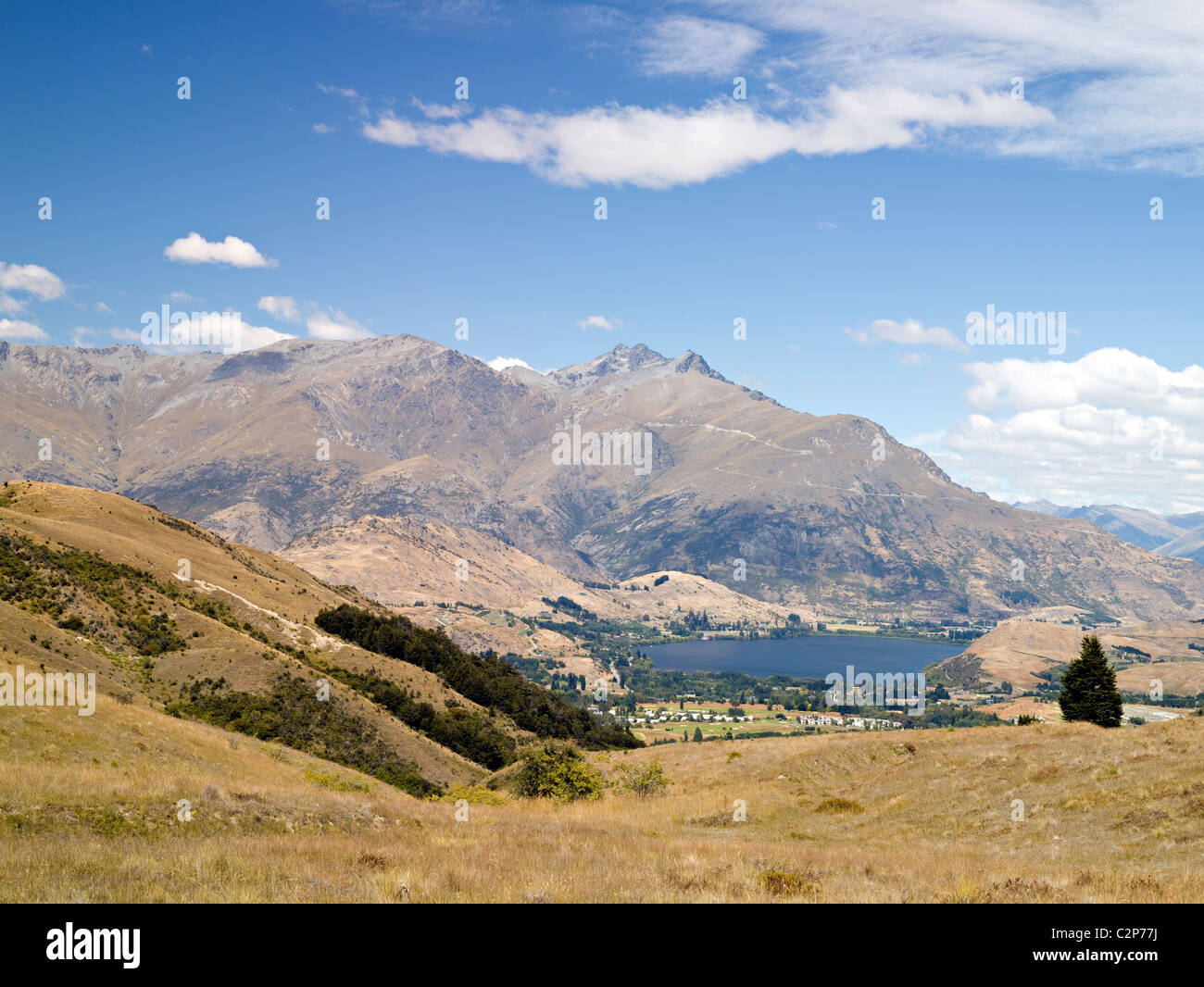View towards Lake Hayes, Arrowtown and the Remarkables, New Zealand Stock Photo