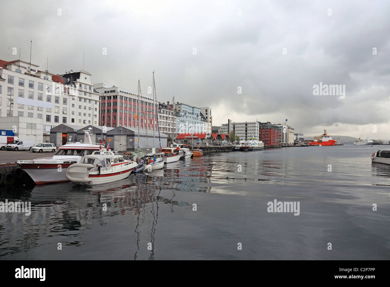 Norwegian harbor of the city of Bergen. Dramatic weather, scandinavian