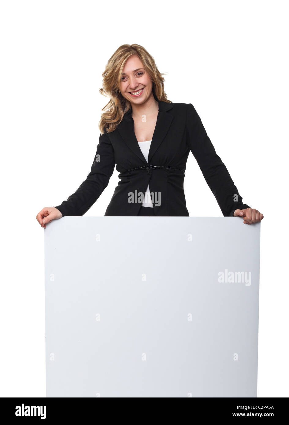 portrait of blonde smiling woman and white board Stock Photo