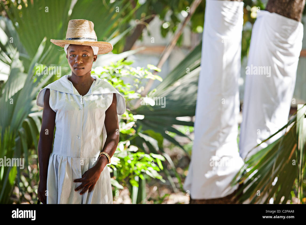Woman watching voodoo ceremony in port au prince, haiti Stock Photo