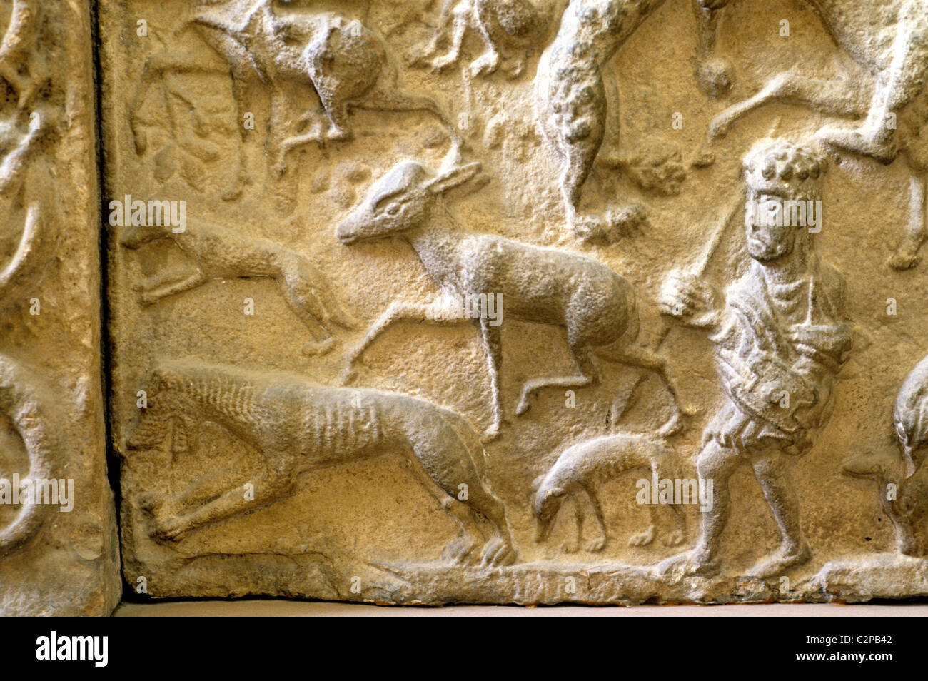 St. Andrews Cathedral, Saxon sarcophagus, detail of carving, biblical hunting scene Scottish stone carvings Scotland UK scenes Stock Photo