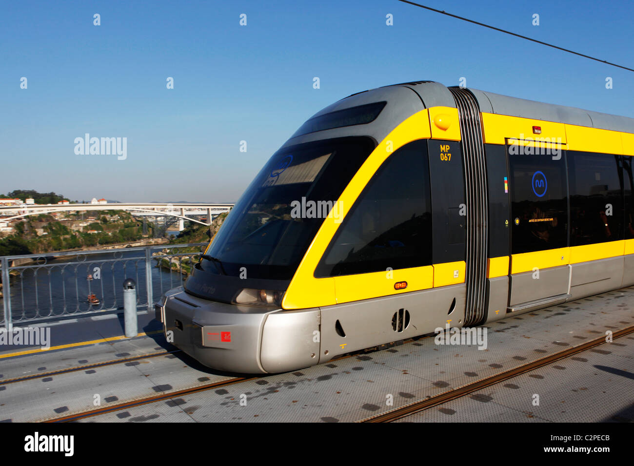 A Metro train runs from Vila Nova de Gaia to Porto in Portugal. Stock Photo