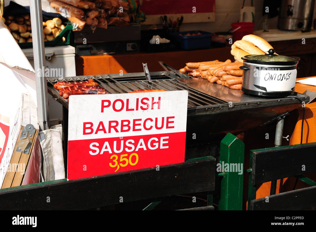 Polish Barbecue Stall Open Air Food Market Leicester England. Stock Photo