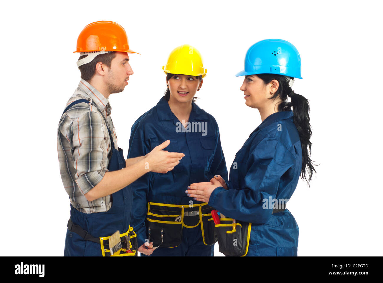 Three constructor workers team having conversation isolated on white ...