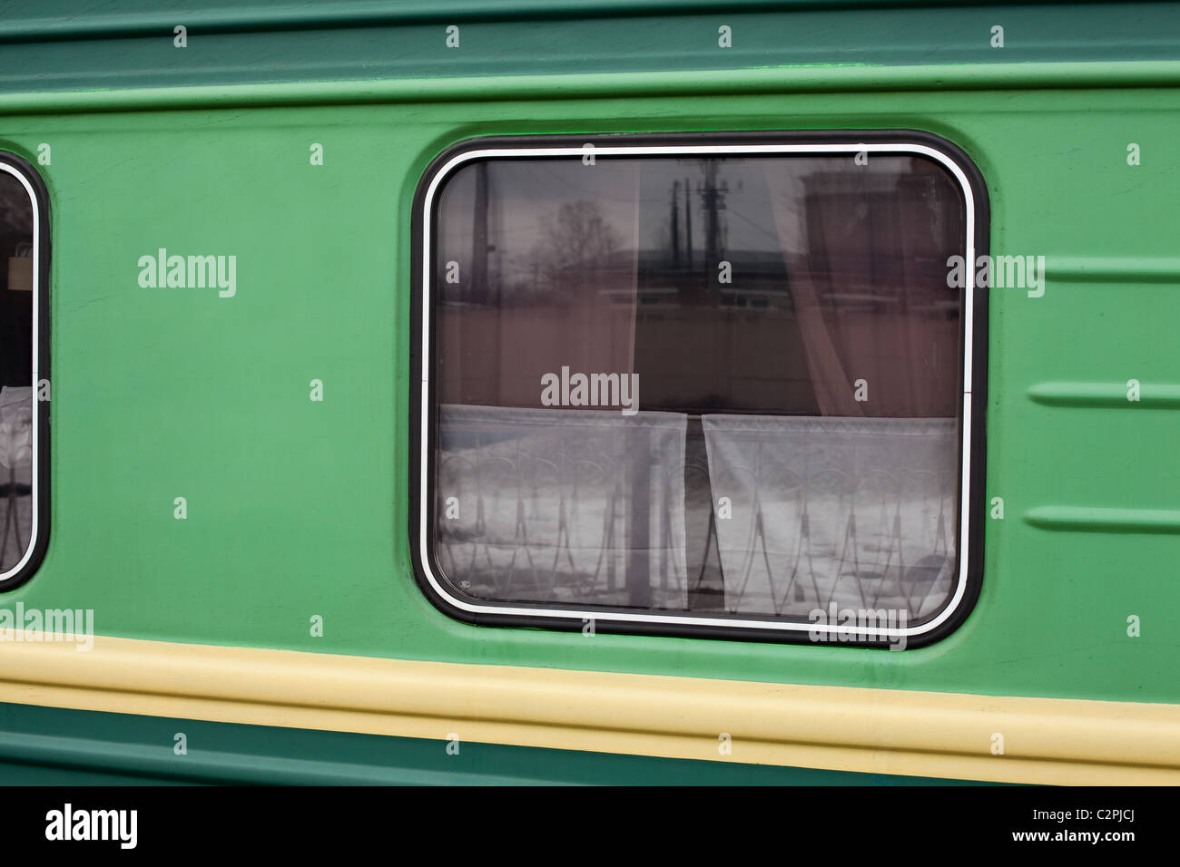 Window of Russian train carriage. Third-class sleeper Stock Photo