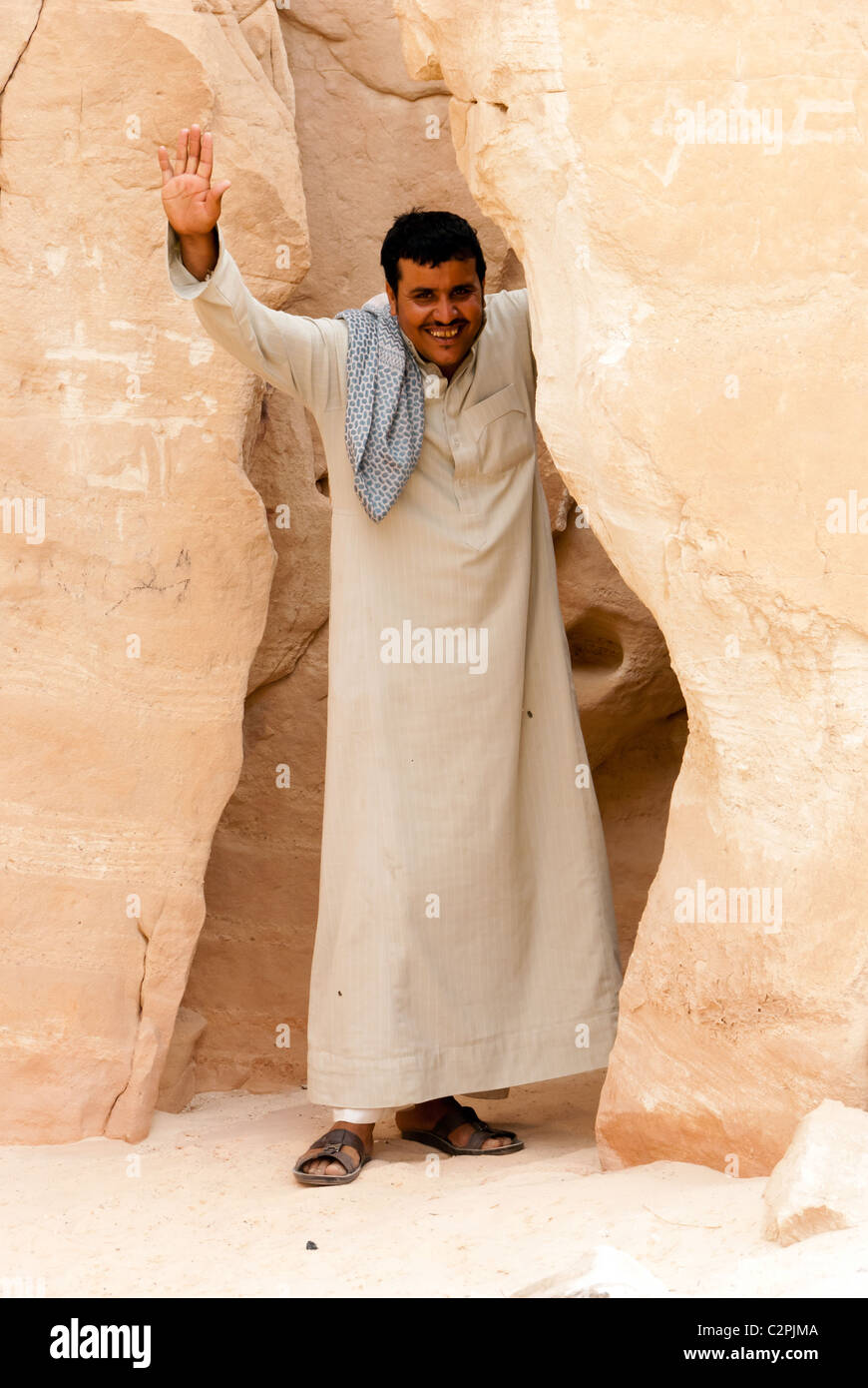 Bedouin guide greeting - Arada canyon - Sinai Peninsula, Egypt Stock Photo
