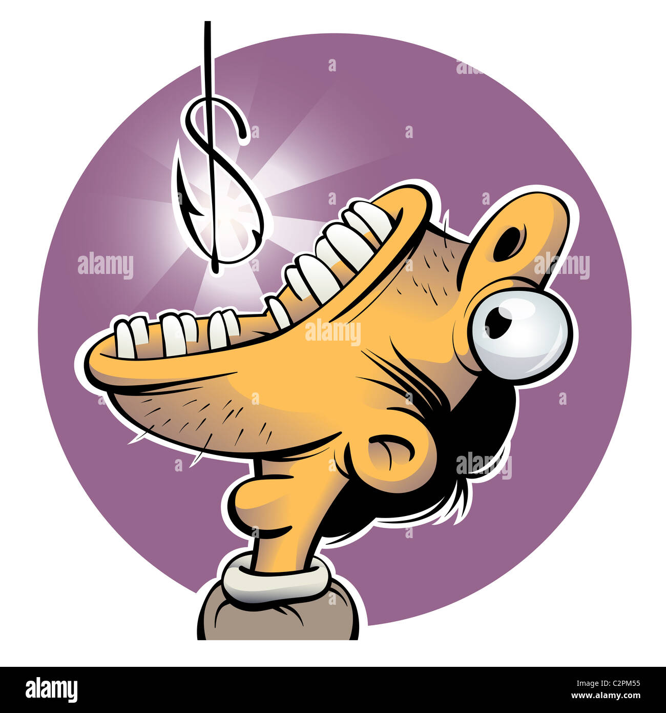 Man with wide opened mouth trying to swallow a fishing hook which looks