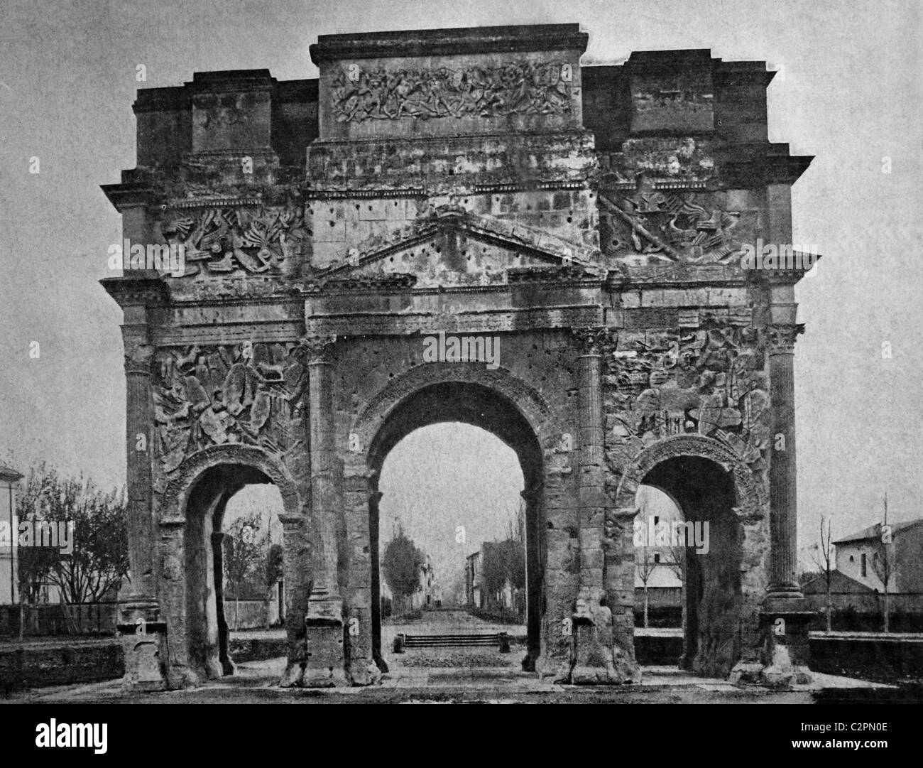 Early autotype Triumphal Arch of Orange, UNESCO World Heritage Site, Orange, Vaucluse, France, historical picture, 1884 Stock Photo