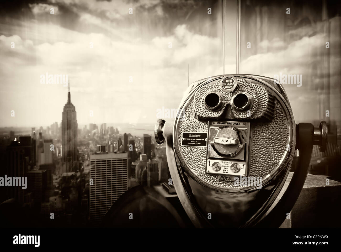 Viewing Binoculars coin operated, Observation Deck view, Top of the Rock, 30 Rockefeller Center & Empire State Building NYC 2011 Stock Photo