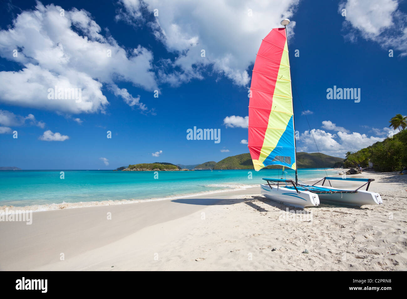 Sail boat on a tropical beach in the US Virgin Islands Stock Photo