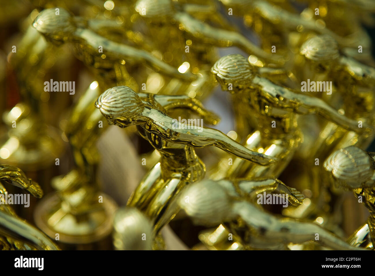 Swimming trophies on display at a swim meet Stock Photo Alamy