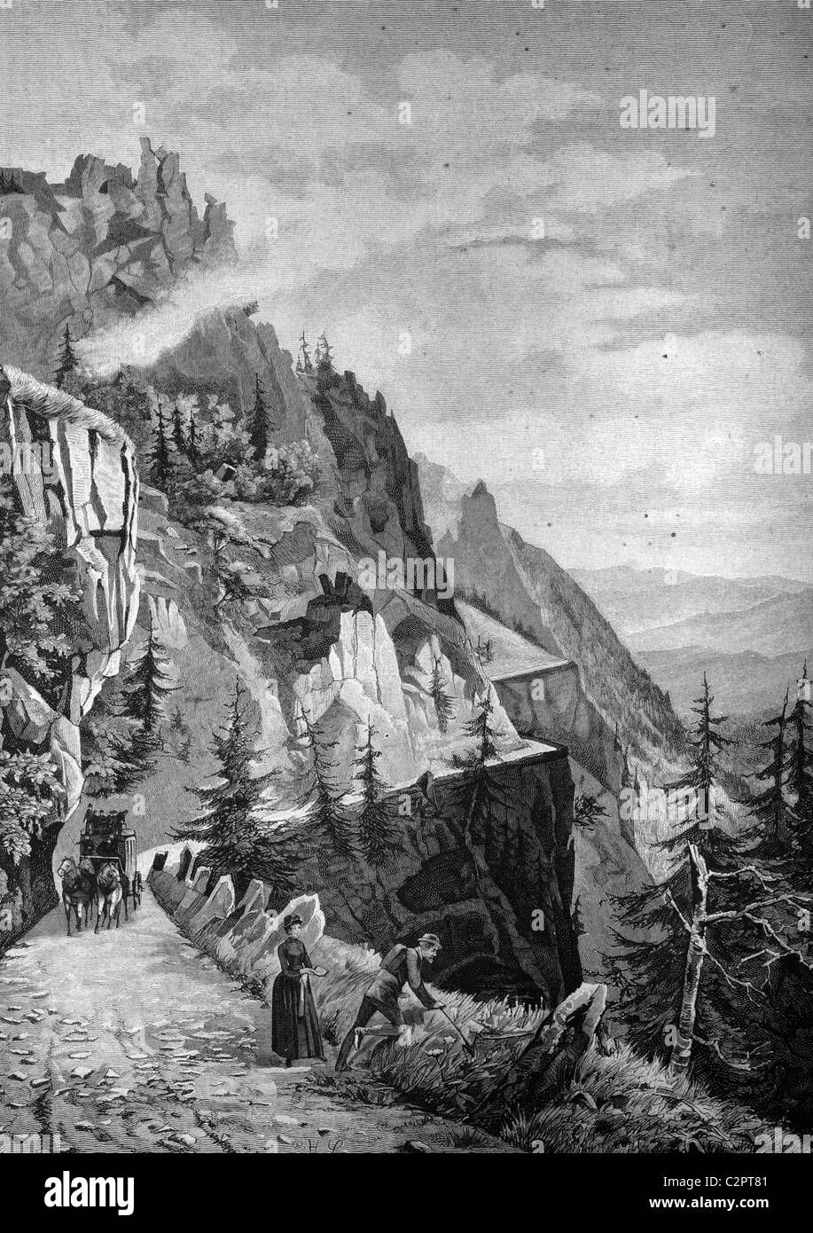 Col de la Schlucht mountain pass, Vosges mountain pass in the Muenstherthal valley, historical illustration, about 1886, Haut-Rh Stock Photo