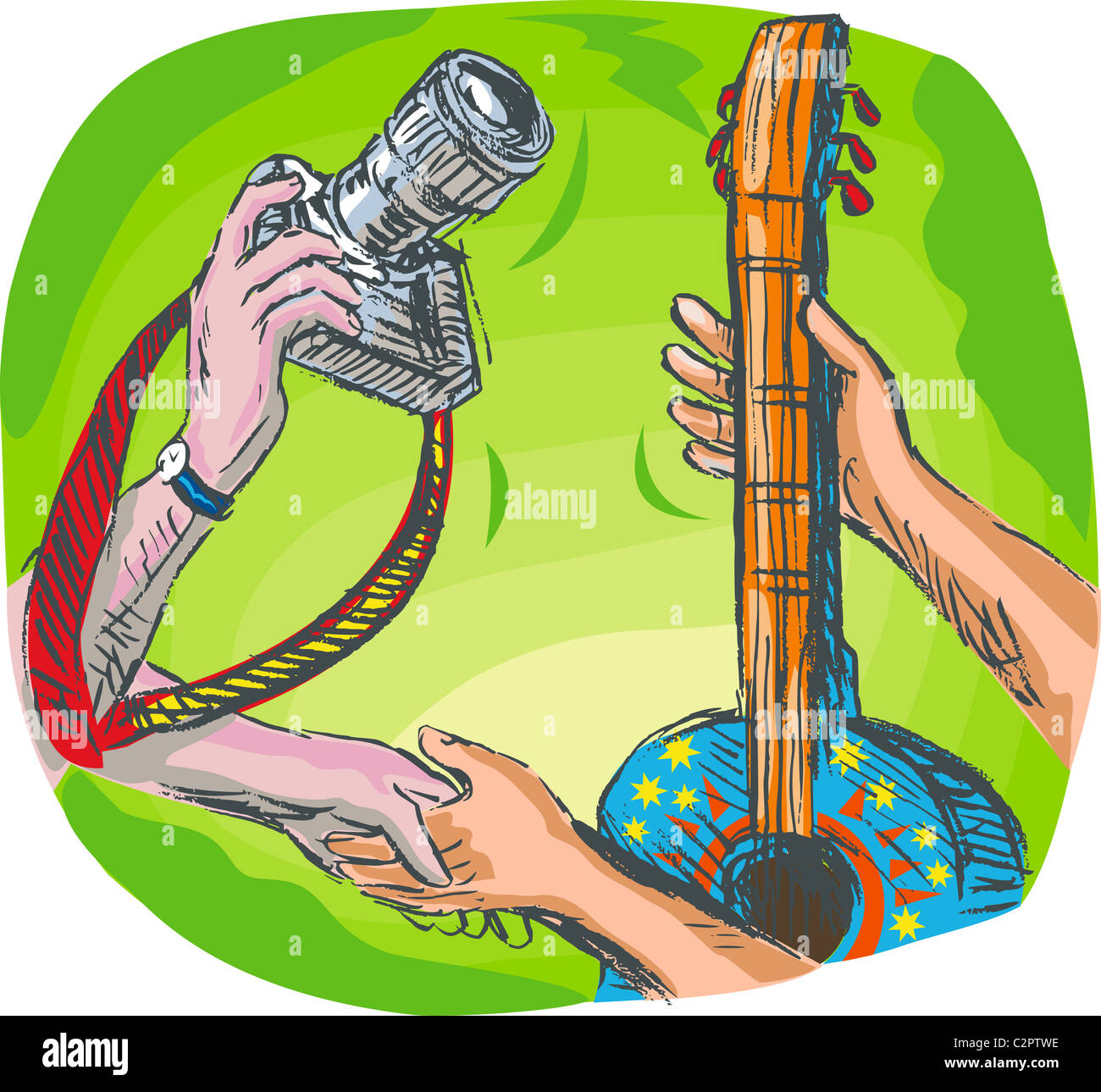 full color hand sketched drawing illustration showing two hands swapping DSLR camera or photography shoot with guitar or Stock Photo