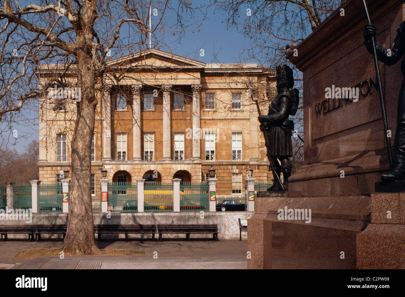 Apsley House. Exterior from the South with the base of the Wellington statue to right. 1819 Stock Photo