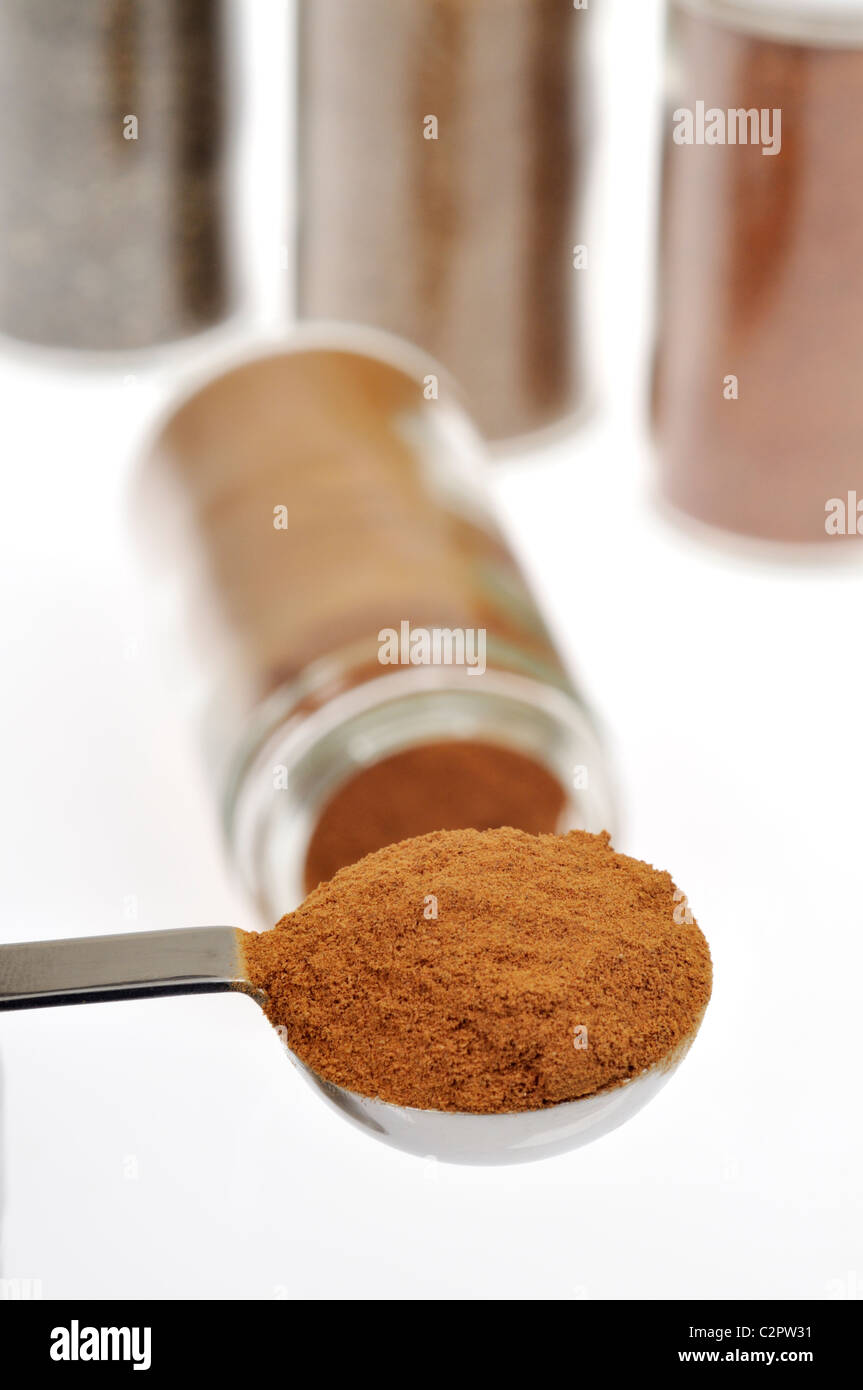 Measuring spoon filled with the spice cinnamon and other herb & spice
