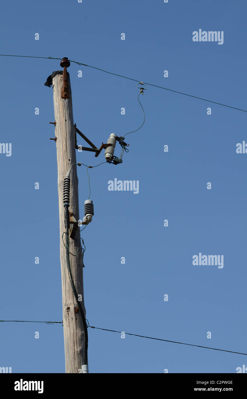 old telephone pole with two wires Stock Photo - Alamy