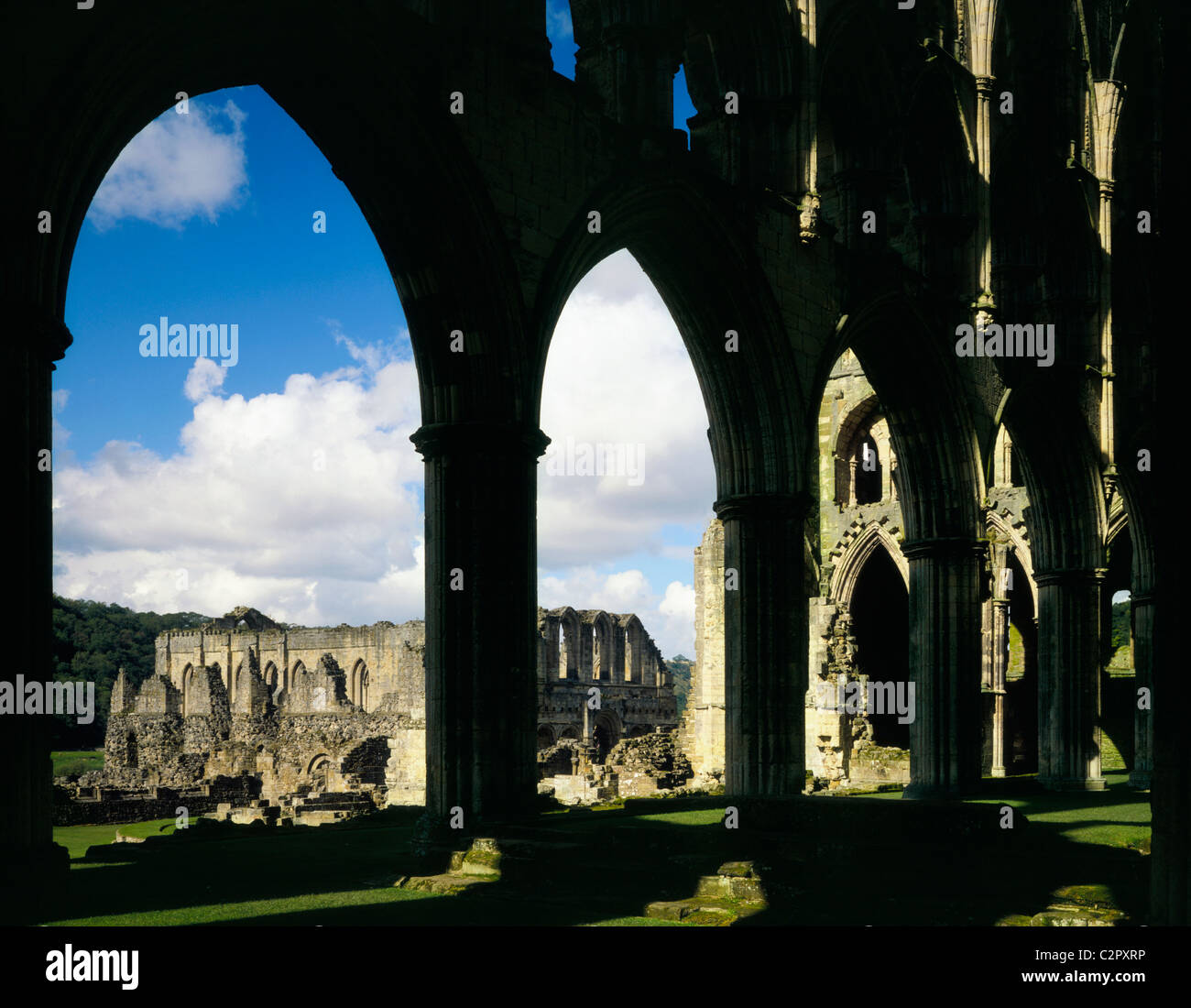 Rievaulx Abbey. View from inside the Presbytery looking towards refrectory block. Stock Photo