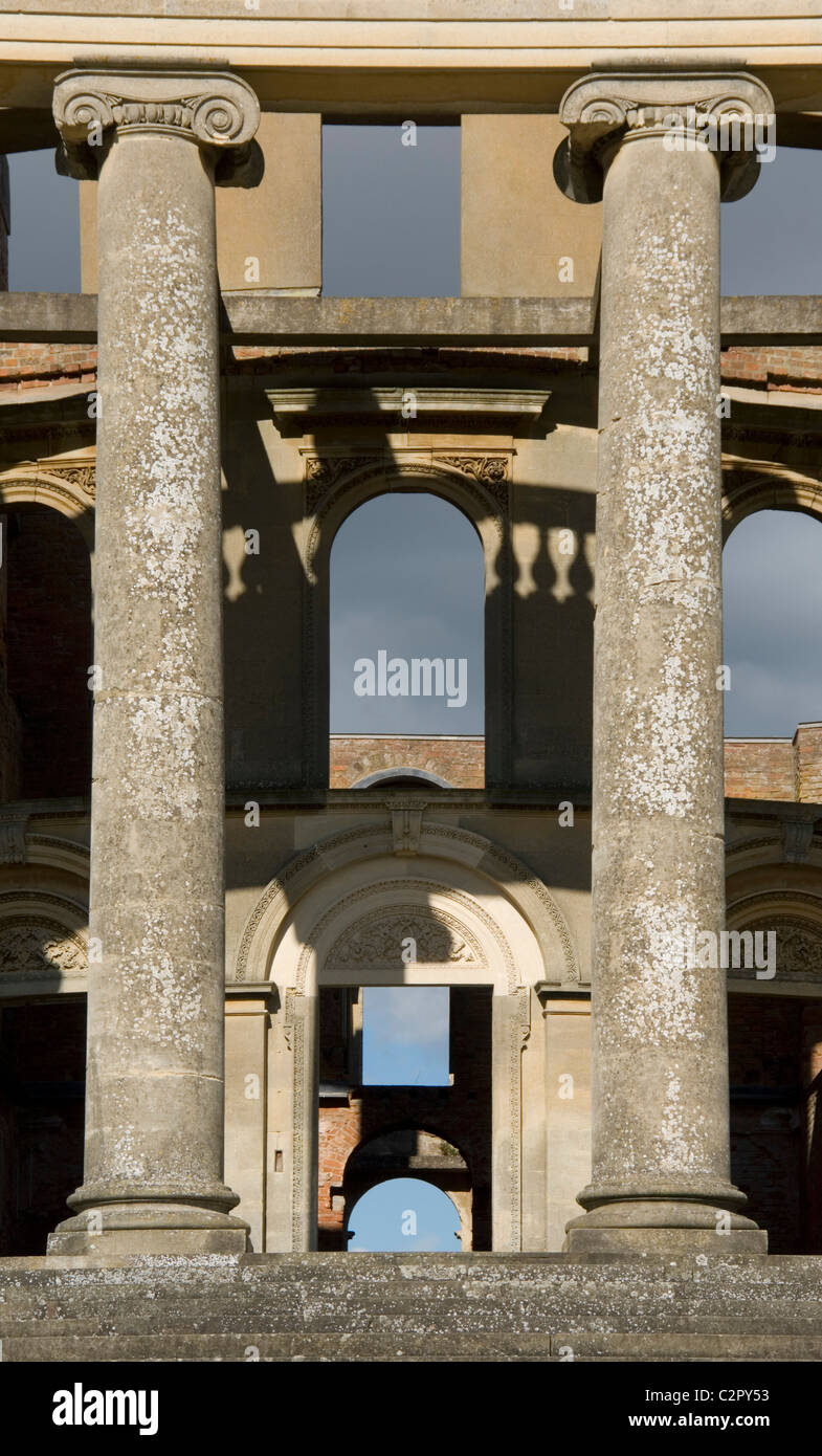 Witley Court. View through the colonnade of the south portico, through doors and windows. Stock Photo