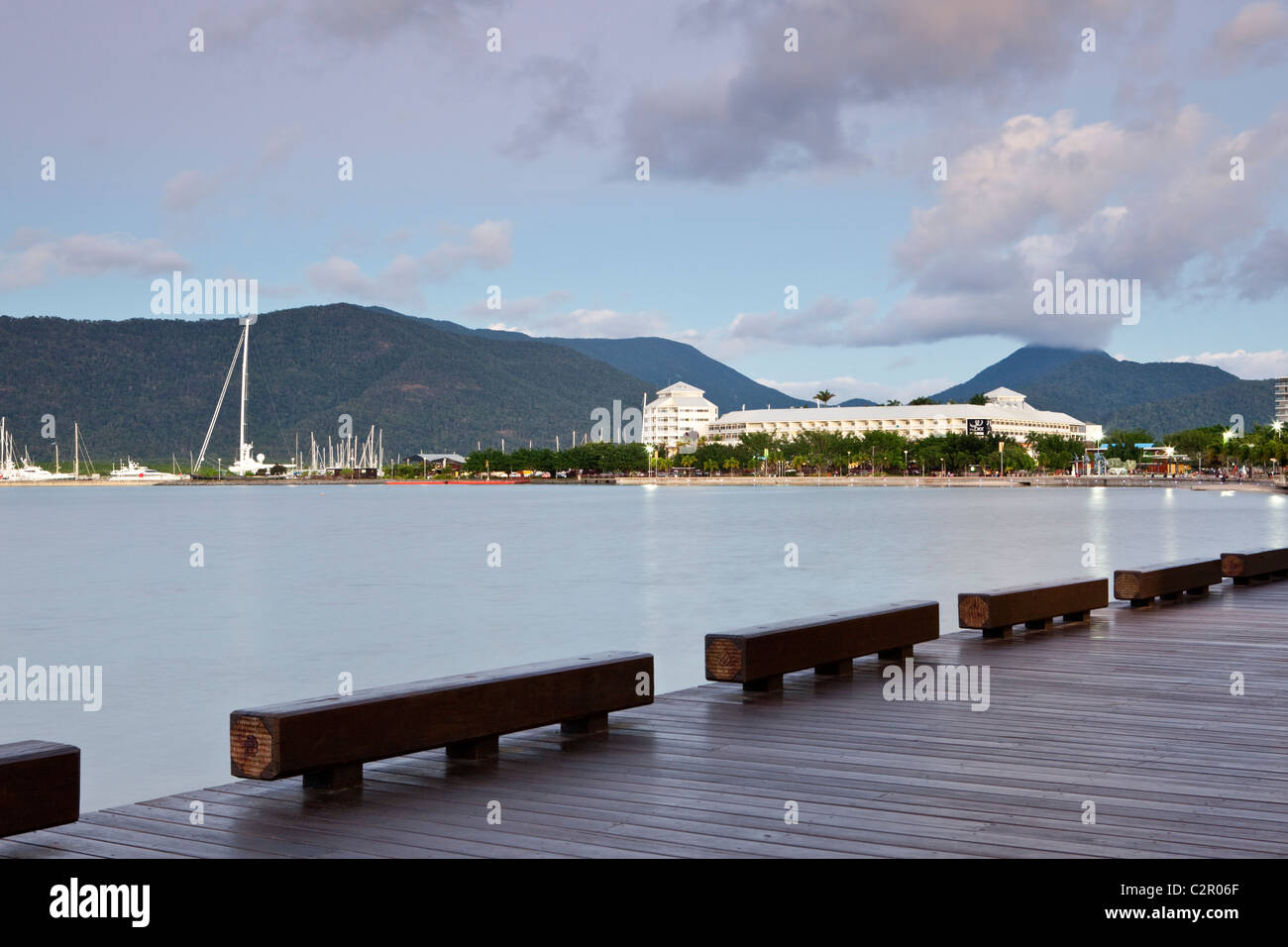 The Esplanade boardwalk with The Pier at the Marina in background. Cairns, Queensland, Australia Stock Photo