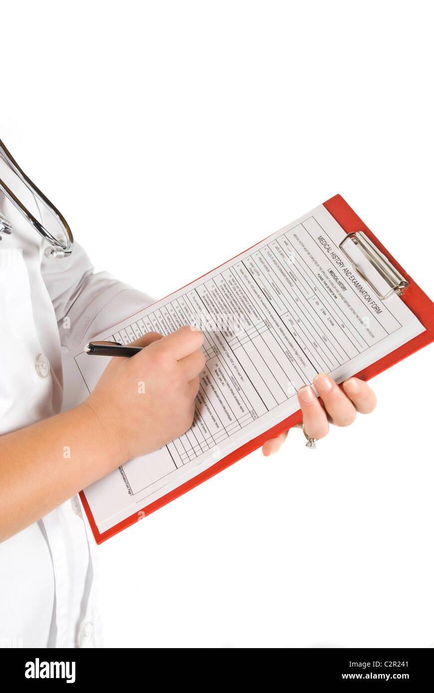 Close-up of doctor with clipboard on white background Stock Photo - Alamy