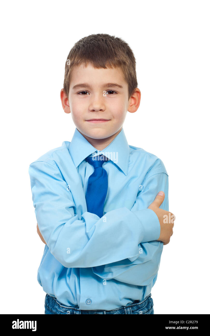 Little smiling businessman standing with arms folded isolated on white background Stock Photo