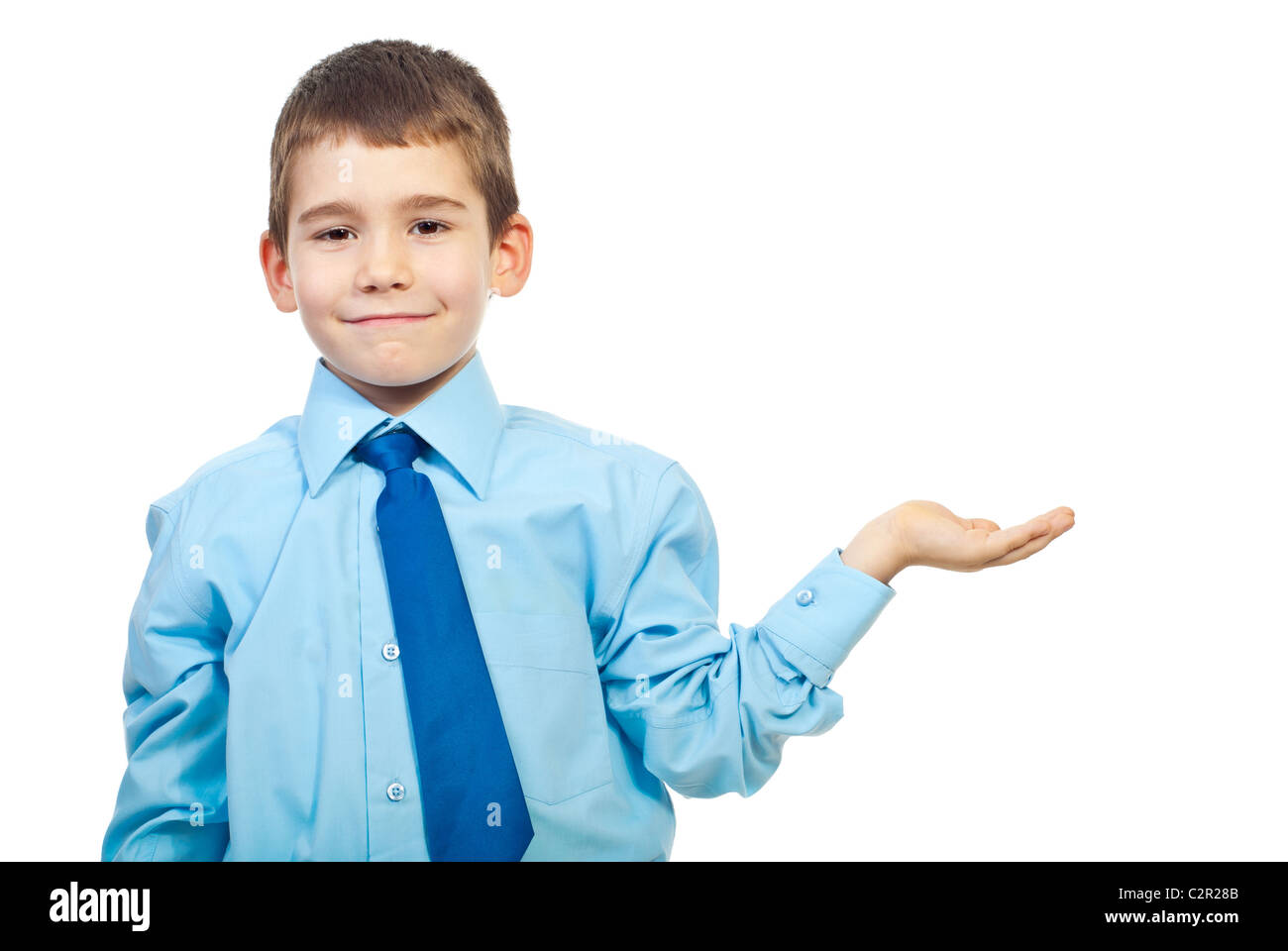 Six years old boy make a presentation isolated on white background Stock Photo