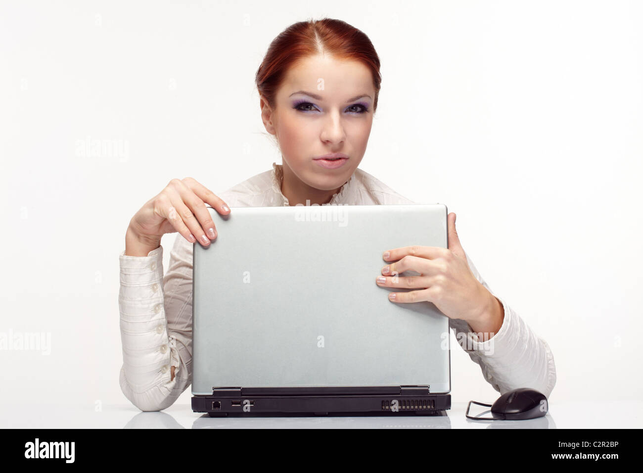 Portrait of happy business woman with a laptop Stock Photo - Alamy