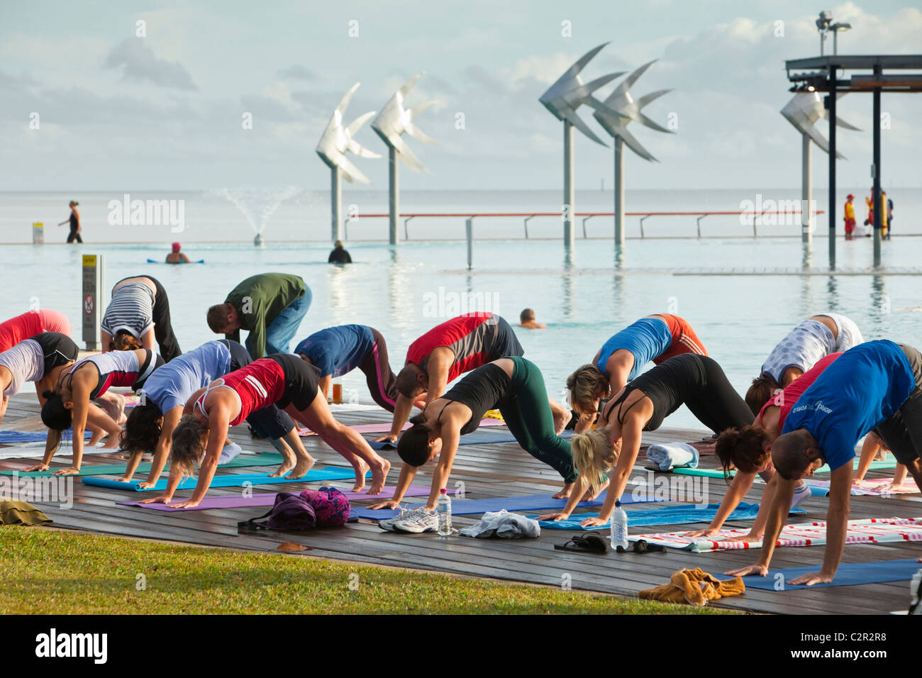 Morning yoga class at the Esplanade Lagoon. Cairns, Queensland