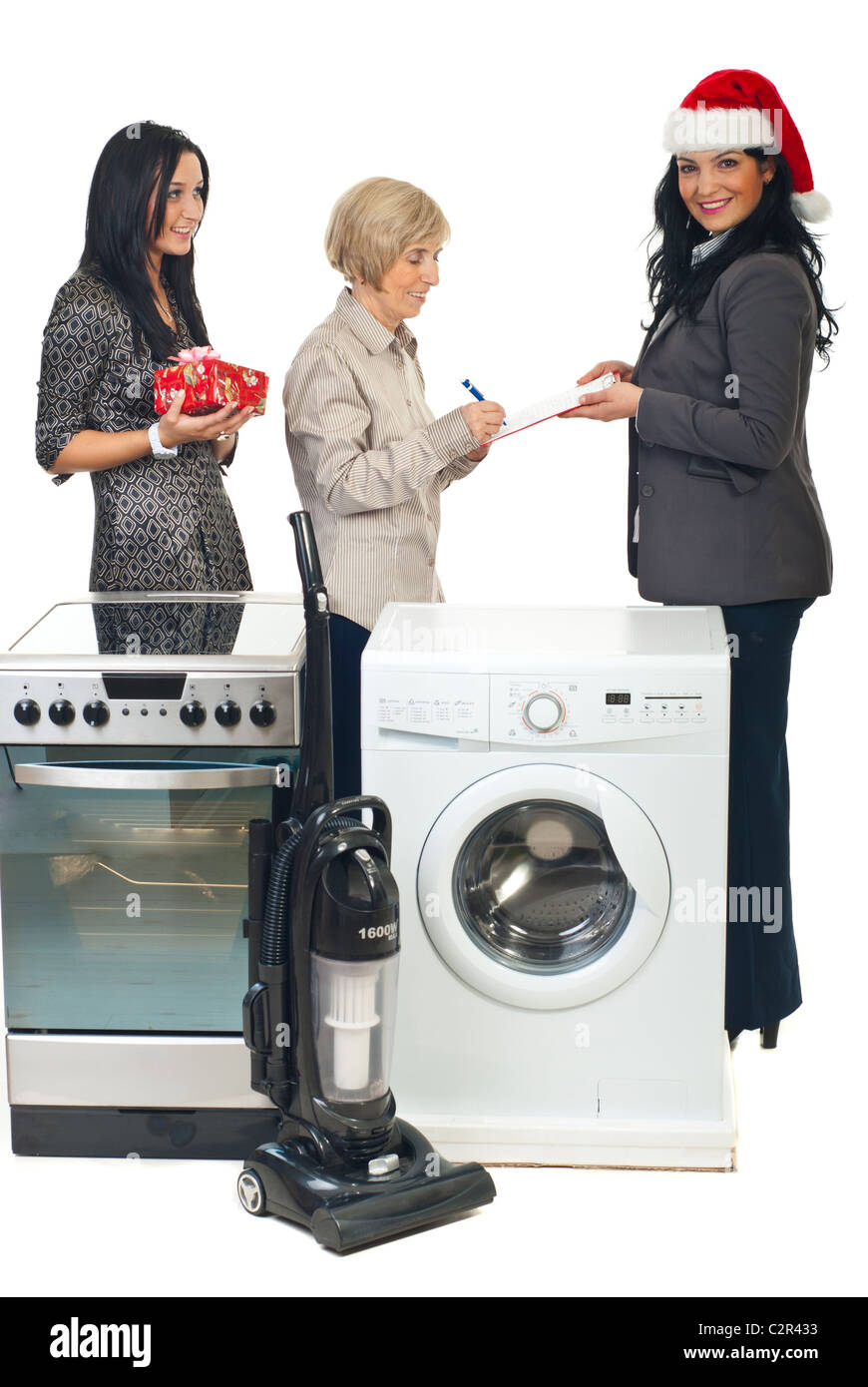 Appliance delivery. Hand truck, fridge, washing machine and microwave oven., Stock image