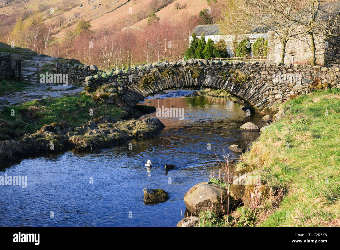 Quaint old packhorse bridge over Watendlath Beck in the Lake District National Park. Watendlath, Cumbria, England, UK, Britain Stock Photo